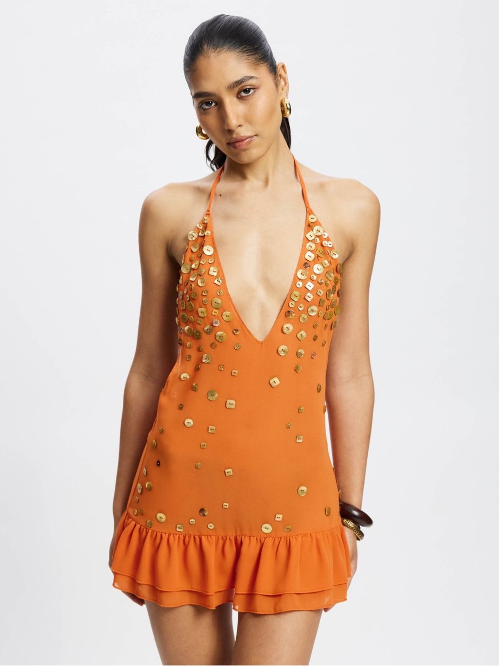 Jaded London Layered Button Mini Dress in Orange Size 4